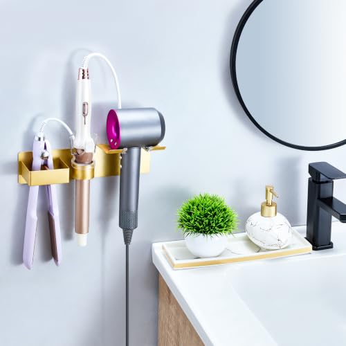 Hair Dryer Holder Wall Mount Curling Iron Holder Flat Iron Holder, Blow Dryer Holder Wall, 3 in 1 Bathroom Hair Tool Organizer Rack for Universal Hairdryer Straightener Curlings (Gold) - color: Gold