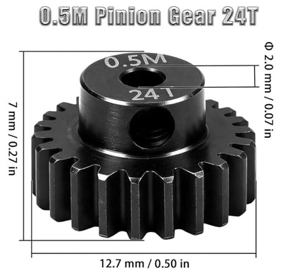 Hardened Steel 0.5M Pinion Gear 24T 2mm Shaft for RC Car/Helicopter Upgrade, Compatible with ARRMA 1/14 Typhoon 1/16 Mojave 1/18 Granite, Losi 1/12, 0.5Mod 13T-27T Gear for Brushed Brush-Less Motors - size: 24T
