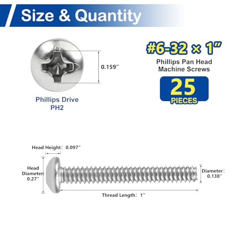 25 Sets #6-32 x 1 Pan Head Machine Screws Nuts Washers Assortment Kit - size: #6-32 x 1"