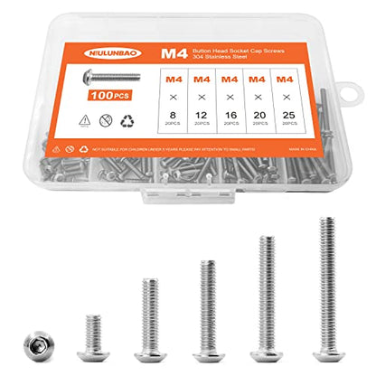 M4 x 8mm 12mm 16mm 20mm 25mm Button Head Socket Cap Screws Bolts, 304 Stainless Steel, Machine Fully Threaded, Metric Allen Hex Drive, Bright Finish, Assortment Kit 100PCS - size: M4 x 8/12/16/20/25mm (100PCS)