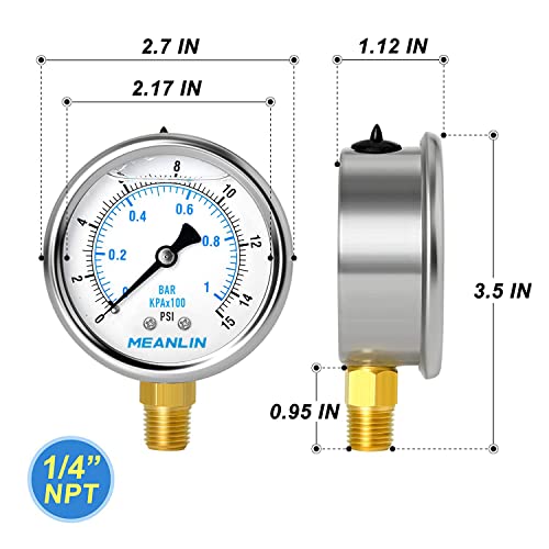 MEANLIN MEASURE 0~15Psi Stainless Steel 1/4" NPT 2.5" FACE DIAL Liquid Filled Pressure Gauge WOG Water Oil Air Lower Mount (Pack of 2), with 1/2" NPT and 3/8" NPT Hex Bushing - size: 0-15Psi (2Pcs)