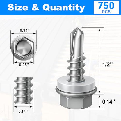 750Pcs Self Tapping Screws, Sheet Metal Screws #8x1/2 - size: #8 x 1/2", style: 750