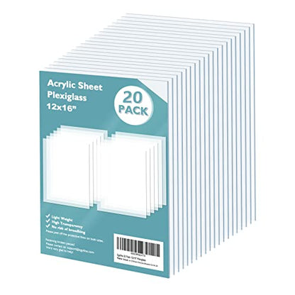 Egofine Plexiglass Sheets Acrylic Sheets 20 Pack of 12x16’’ 0.04 Thick Clear Plastic Cast Transparent Plexi Glass for Crafting Projects, Replacement Picture Frame Glass, DIY Display, Easy to Cut - color: Clear, size: 12x16"