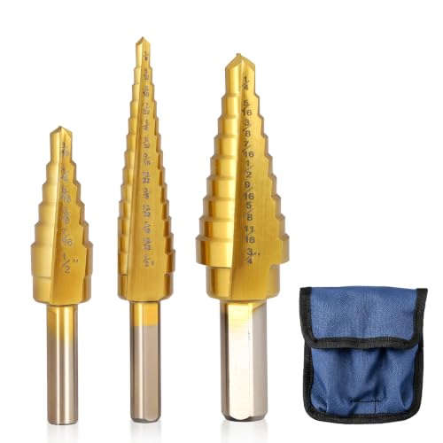 COMOWARE Step Drill Bit Set - Titanium Coated, Double Cutting Blades, High Speed Steel, Short Length Drill Bits Set of 3 pcs, Total 28 Sizes - size: Basic 3pcs