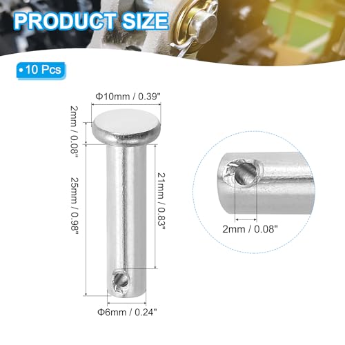 PATIKIL 6 x 25 mm Single Hole Clevis Pins, 10 Pcs 304 Stainless Steel Flat Head Pin for Hitch Pin Lock Link Hinge Systems, Silver - size: 6 x 25 x 21 mm