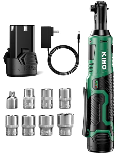 KIMO Cordless Electric Ratchet Wrench Set, 40Ft-lbs, 400RPM, Cordless Ratchet Wrench 3/8" w/Variable Speed Trigger, 7Sockets, 1/4" Adapter, Forward/Reverse Switch, 12V Battery Power Ratchet w/Charger - color: Forest Green