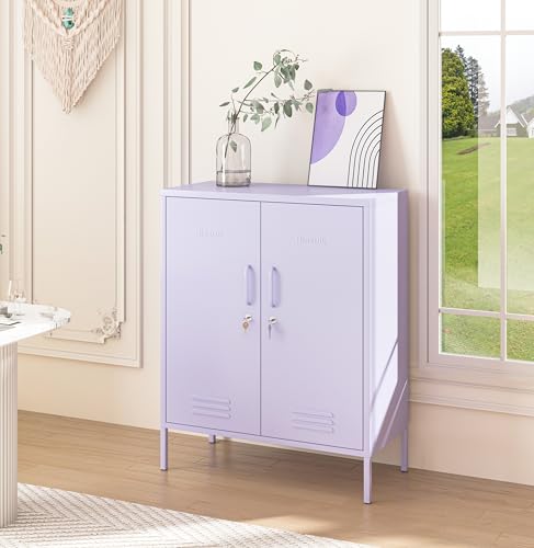 Purple 2-Door Lockable Metal Storage Cabinet, Heavy Duty 3-Tier Tall Locker with Removable Shelves, Multifunctional Accent Cabinet for Home, Office, Entryway & Hallway, Easy Assembly - color: Lilac