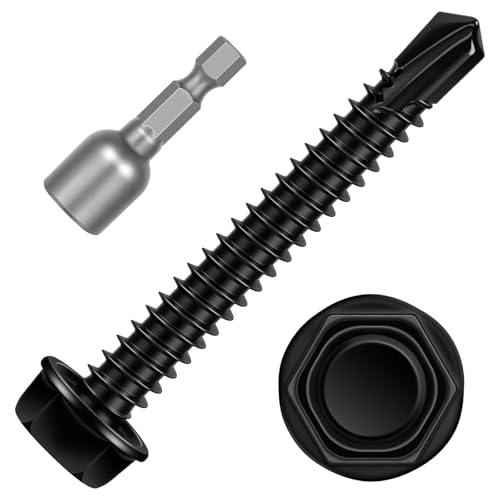 #10 x 2 Hex Washer Head Self Tapping Screws, TEK Screws, Self Drilling, Stainless Steel 410 Sheet Metal Screws, Black Finish, 50 PCS - color: Black, size: #10 x 2"