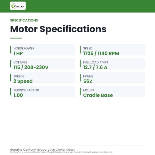 Evap Cooler Motor, 1 HP, 115V, 2 Speed