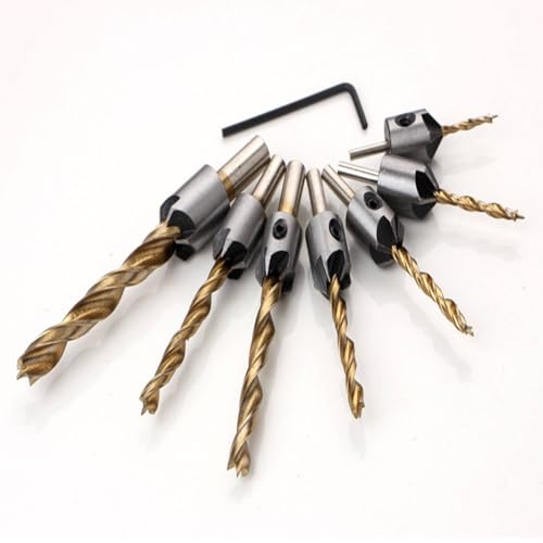 7PCS 3-10mm Round Shank Titanium Coated Countersink Drill Bit Set Replacement Three Point Drill Set Carpentry Boring Tool Woodworking Tool with Hexagon - size: 7 PCS Titanium Coating