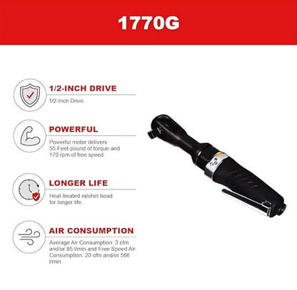 1770G 1/2" Edge Series Drive Air Ratchet Wrench, 55 ft-lbs Max Torque Output, 170 RPM, Comfort Grip, Compact, Lightweight, Black Replacement for Ingersoll Rand 1770G