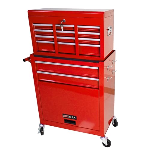 Red 8-Drawer Heavy Duty Tool Chest with Ball Bearing Drawers, Central Locking & 4 Wheels (2 Brakes) - Rolling Garage Storage Cabinet - color: Red, size: 24.2 x 13 x 42.8