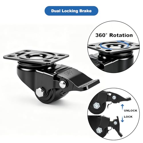 W B D WEIBIDA 1.25inch Swivel Plate Caster Wheels Set of 4 Heavy Duty, Extra Width Wheel & Steel Industrial Caster with Brake, Endurance & Quiet & Sturdy Nylon Wheels for Home Use, 1100lbs Capacity - style: 1.25 inch(Metal)