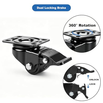 W B D WEIBIDA 1.25inch Swivel Plate Caster Wheels Set of 4 Heavy Duty, Extra Width Wheel & Steel Industrial Caster with Brake, Endurance & Quiet & Sturdy Nylon Wheels for Home Use, 1100lbs Capacity - style: 1.25 inch(Metal)