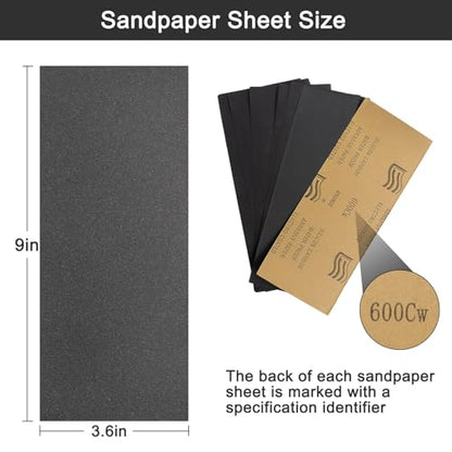 45Pcs Wet Dry Sandpaper, 400/600/ 800/1000/ 1200/1500/ 2000/2500/ 3000 Grit Assorted Sanding Sheets for Automotive Polishing, Metal Sanding, Wood Furniture Finishing, 9 x 3.6 Inch