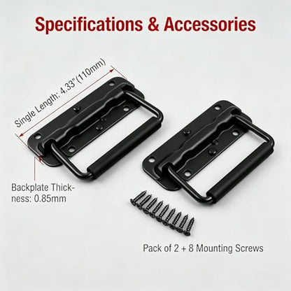 2pcs Spring Loaded Handles 4.3" Heavy Duty Stainless Steel Chest Handle with Rubber Grip, Surface Mount Folding Handles for Toolboxes Storage Boxes & Crates - color: Black