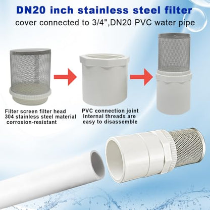 3/4" Stainless Steel Filter Cover Connected to 3/4" DN20 PVC Water Pipe, Suction Strainers Used to Remove Debris and Reduce Solid Entry - size: 3/4"DN20