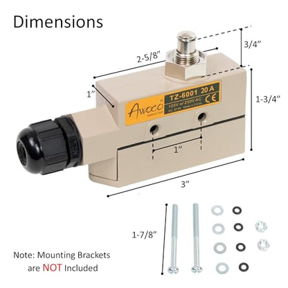Awoco Heavy Duty Commercial Plunger Door Micro Switch for Air Curtains, 250V 20A IP 65 Limit Switch Type NO and Type NC (TZ-6001-20A) - style: TZ-6001-20A