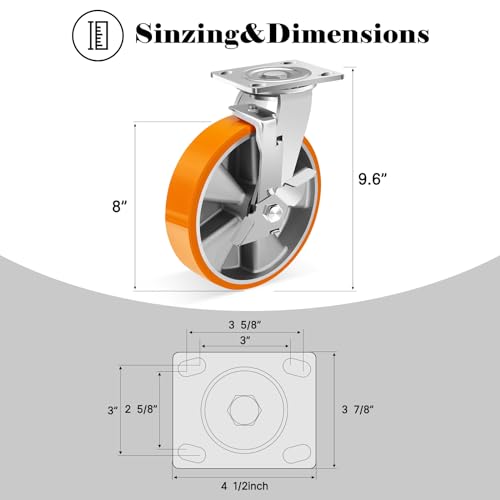 W B D WEIBIDA 8-Inch Industrial Grade Casters Wheels, Heavy Duty Casters Set of 4 with Brake 6000 LBS, Maintenance-Free Polyurethane on Aluminum Wheels, Plate Swivel Casters for Industrial - size: 8 IN