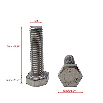 M8 Hex Bolt, M8-1.25 x 30mm Hex Head Screw Bolts, 304 Stainless Steel, Fully Threaded, Plain Finish, Hex Tap Bolts 15Pcs (M8x30mm) - size: M8x30mm