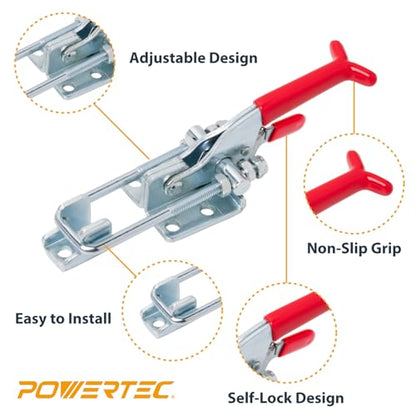 POWERTEC 2PK Toggle Clamp, 700 lbs Holding Capacity, 431 Self-Lock U-Bolt Adjustable Latch w/Antislip Hand Grip for Woodworking Jigs & Fixtures, Smoker, Tire Carrier, Tool Box, Cabinet (20341) - size: 2 Count (Pack of 1)