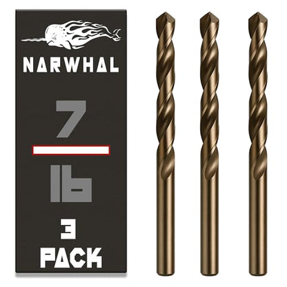 Narwhal 7/16 Inch Cobalt Drill Bits (3 Pack - Industrial Grade M35 Cobalt) 5-1/2" Length & 135 Degree Split Point for Drilling Into Metal, Hardened & Stainless Steel, Cast Iron, & More! - size: 7/16 in