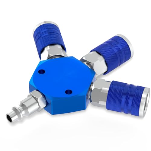 GASHER 1/4 Inch NPT Aluminum Hex Style 3-Way Air Manifold with 3 Pieces Steel Industrial Coupler and Plug, Air Compressor manifold Hose Accessories Quick Connect Fittings Air Splitter(2-Pack) - style: BLUE 2PCS
