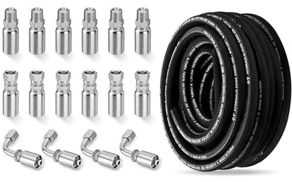 50FT 3/8" Hydraulic Hose with 16PCS Hydraulic Hose Fittings - size: 3/8" Hydraulic Hose - 50FT