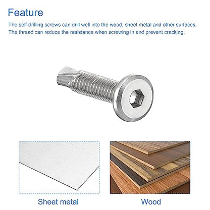 uxcell Hex Socket Self Tapping Screws, 1/4 x 1-1/4" 410 Stainless Steel Sheet Metal Flat Head Drilling Screw 100pcs, Silver - color: Silver, size: 1/4 x 1-1/4"