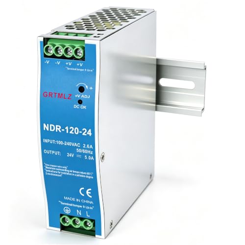 NDR-120-24 24V DC Power Supply NDR 120W 24V 5A DIN Rail Power Supply Switch, AC to DC Switching Converter, 110-240V AC Input to DC 120W 24V 5Amps Output, Industrial DIN Rail Power Supplies