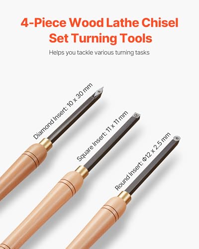 VEVOR Wood Lathe Turning Tool Set, 4PCS, Lathe Roughing Finishing and Detailing Hollow Tool with Wooden Handle, Diamond Round Square Carbide Inserts, Wooden Box, for Beginners Hobbyists Professionals - size: 19 in