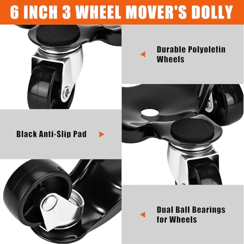 Timtin 17 Pcs Furniture Moving Dolly Set, 8 Pack 3-Wheel Steel Tri Dolly with 8 Heightening Pad & 1 Crowbar, Heavy Duty Movers Triangle Swivel Casters for Heavy Furniture, 200 Lbs Capacity(Black) - color: Black