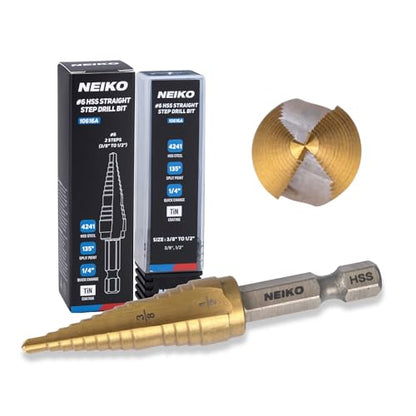 NEIKO 10616A Step Drill Bit, 2 Steps 3/8" to 1/2" Straight High Speed Steel, Titanium Nitride Coated, 1/4" Quick Change Step Bits for Steel, Metal, Wood, Plastic, Unibit Cone Drill Bits, Two Flute - size: #6 (3/8 - 1/2", 2S), style: Straight