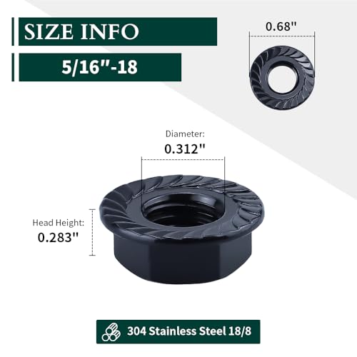 5/16"-18 Hex Head Serrated Flange Nuts, 304 Stainless Steel 18-8 Hexagon Head Flange Nuts for Home Automotive DIYer, Black Oxide Finish, Hex Drive, 50 PCS - size: 5/16"-18