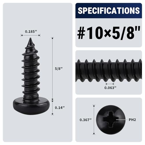 #10 x 5/8" (50 Pack) Stainless Steel Pan Head Self Tapping Screws, 304 SS (18-8) Black Coated, Phillips Drive Round Head Corrosion Resistant Screws for Wood & Sheet Metal - size: #10 x 5/8"