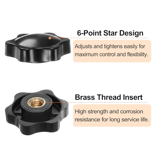HARFINGTON 6pcs Star Knobs M8 Female Thread 38mm 6-Point Plastic Head Brass Insert Non-Through Hole Screw-in Threaded Hand Knob Clamping Handle, Black - color: Black, size: M8 x 38mm