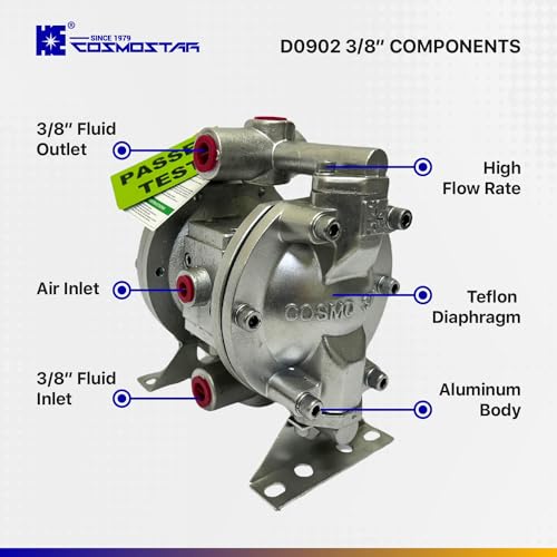 COSMOSTAR D0902 3/8" Double Air Diaphragm Pump, Aluminum Body, Teflon Ball, seat and Diaphragm, Pump Muffler, Pump, Chemical Pump, Waste Oil Pump, Pneumatic Oil Pump, Diaphragm Pumps - size: D0902 3/8" Aluminum