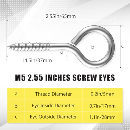 50 Pcs 304 Stainless Steel Screw Eye Hooks, M5-2.6 Inch - size: M5-2.6 Inch