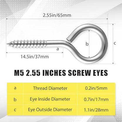 50 Pcs 304 Stainless Steel Screw Eye Hooks, M5-2.6 Inch - size: M5-2.6 Inch