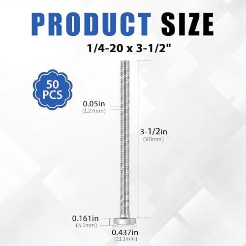Zonon 50 Pcs 1/4-20 x 3-1/2" Hex Head Screw Bolt, Silver - color: Silver, size: 1/4-20 X 3-1/2"