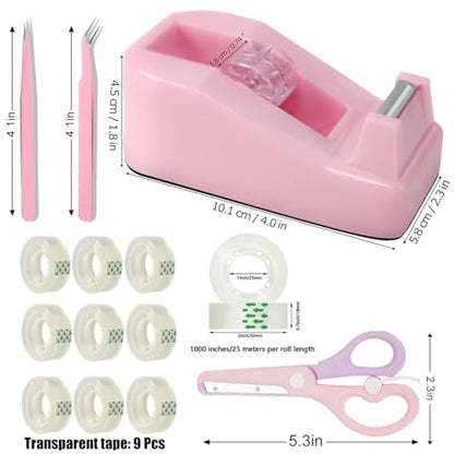 XEUZK Desktop Tape Dispenser Kits with Weighted Nonskid Base Tape Dispenser- Includes 9 Rolls of Transparent Tape(0.71 Inch x 500 inches Each) & Pink Scissors, 2 Pcs Tweezers (Pink) - color: Pink
