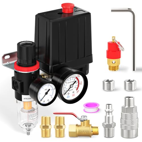 4 Way Air Compressor Pressure Switch Control Valve Kit 90-120 PSI, 1/4" NPT Port, 110V-240V, With 0-180 PSI Air Filter Pressure Regulator and Safety Pressure Relief Valve - size: 90-120 PSI