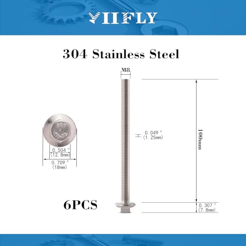M8x1.25 x 100mm Flanged Hex Head Bolts, 304 Stainless Steel (A2-70), Bright Finish, Fully Threaded, Hexagon Head Flange Bolts, Quantity 6 - size: 100mm(6PCS)