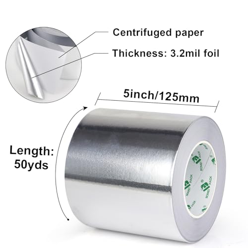 BOMEI PACK Aluminum Foil Duct Tape Heavy Duty Waterproof, 5 Inch x 50yds Premium Silver Metal HVAC Heat Tapes, High Temperature for Sealing & Patching,HVAC,Air Ducts,Insulation and Metal Repair - size: 125mm