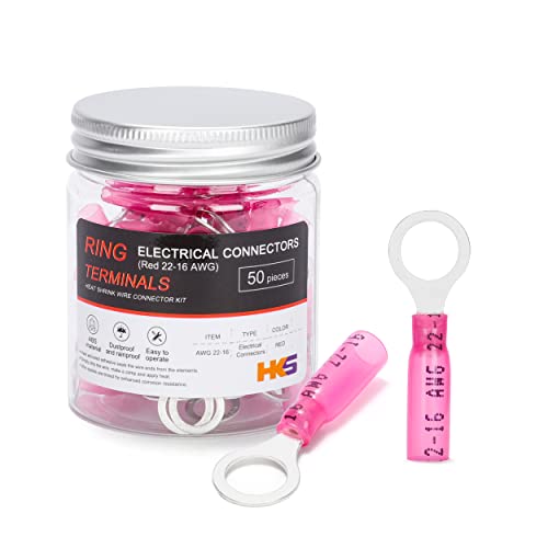 HKS 50 PCS Ring Terminals 5/16" Red 22-16 AWG - M8 - Electrical Connectors - Heat Shrink Wire Connector Kit - Tinned Red Copper - Automotive Marine Ring Connectors - Waterproof and Insulated - color: Red, size: 5/16" (M8)