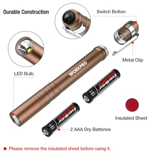 WORKPRO LED Pen Light, Aluminum Pen Flashlight, Pocket Flashlight with Clip - color: Brown