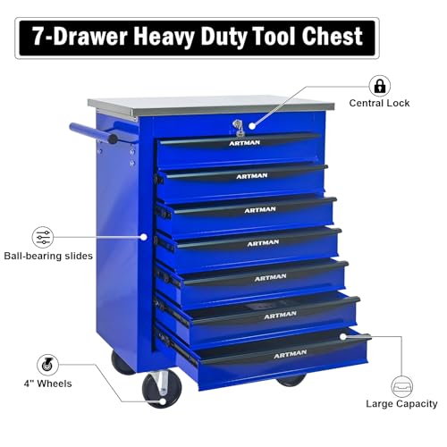 Rolling Tool Chest,Stainless Steel Worktop,Blue,7‑Drawer - color: Blue, size: 7-Drawers
