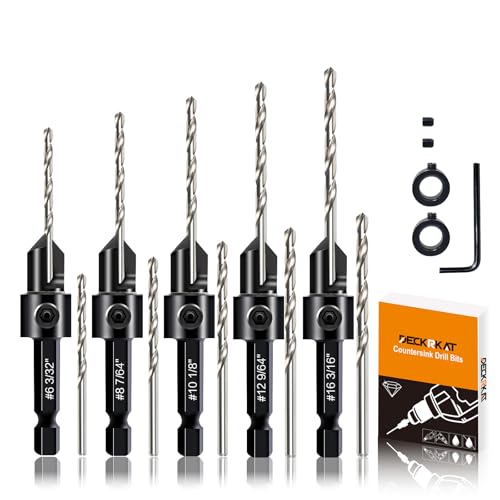 DECKRKAT 12-Piece Countersink Drill Bit Set - 3-in-1 Wood Counterbore Kit for #6#8#10#12#16 Screws | 82° Chamfer, Depth Adjustable | 5 Spare Bits,2 Limit Rings,Hex Key,Case. - size: 12 Pack Countersink Drill Bits