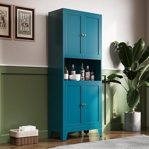 69"H Metal Pantry Cabinet with Microwave Stand,Tall Kitchen Storage Cabinets,Blue Food Pantry Cabinet with 4 Doors and Shelves, Large Hutch Cabinets for Kitchen, Dining Room, Living Room and Bathroom - color: Blue, size: 69"H