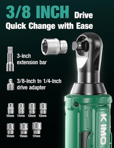 KIMO Extended Cordless Ratchet Wrench 1/2", 400RPM 40Ft-Lbs 4-Inch Long Neck Electric Ratchet Wrench Set w/Variable Speed, 7 Sockets & 1/4" Adapter, 12V Power Ratchet Wrenches with 2x2.0 Ah Batteries - color: Deep Dark Green